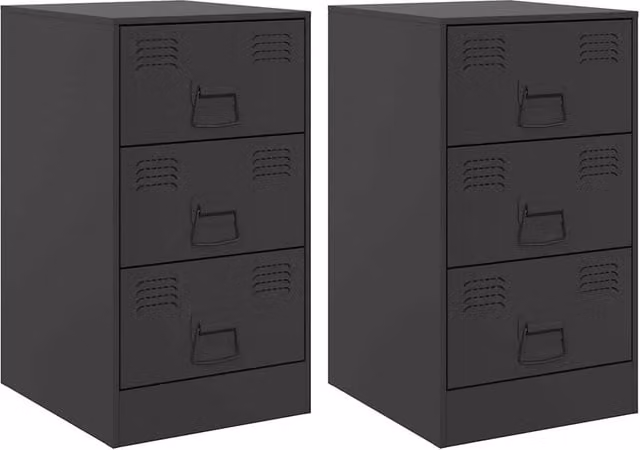 Berkfield Home Set of 2 Black Steel Bedside Cabinets, W/D/H: 34.5 x 39 x 62 cm
