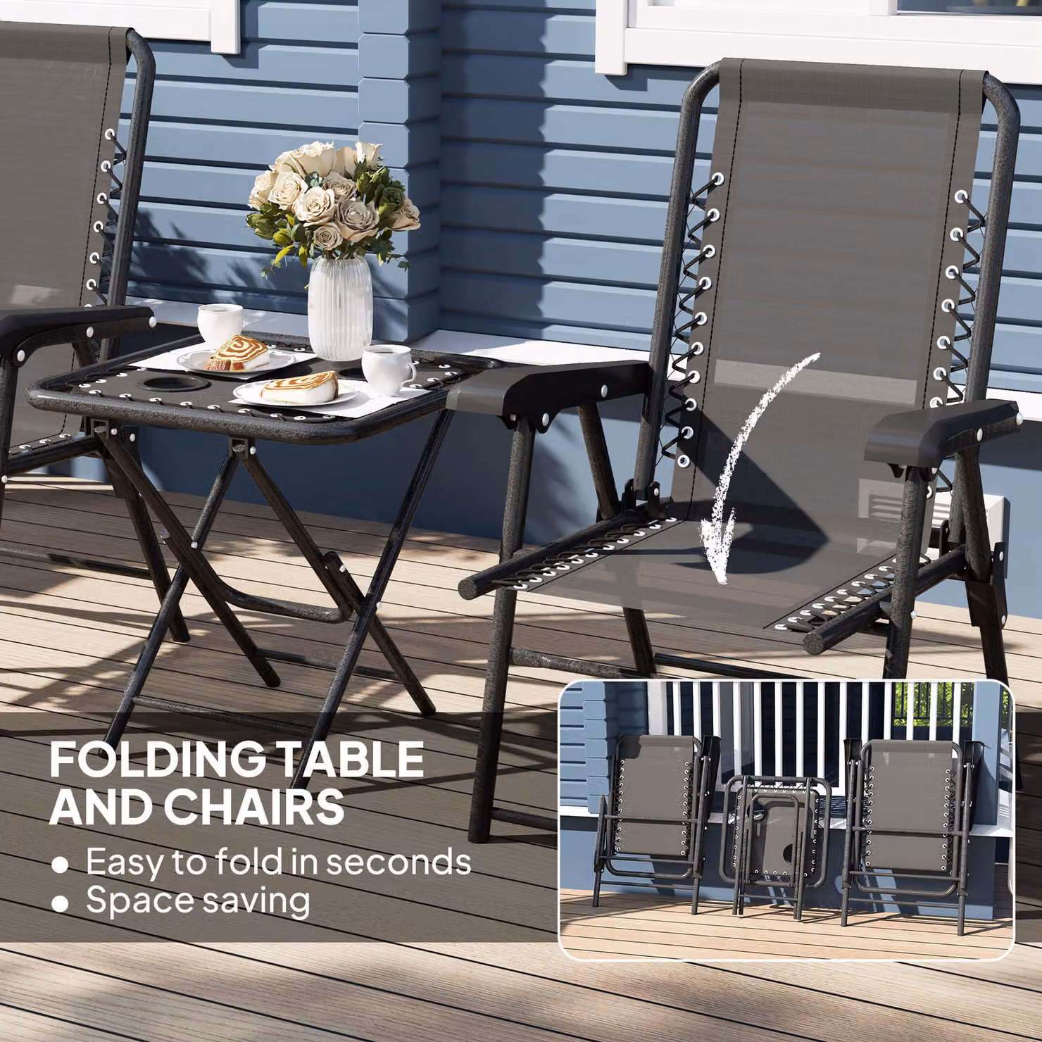 Outsunny Three-Piece Modern Garden Table and Chair Set in Black Matt Powder Coated Steel – 5