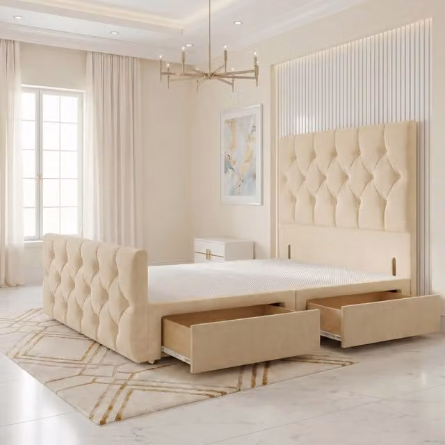 Somnior Beds Ltd Chesterfield Linen Divan Bed Base with Drawers in Beige, Superking, W/D/H: 200 x 180 x 34.5 cm