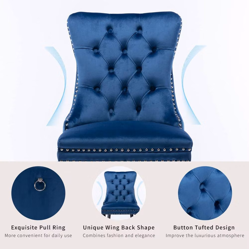 HomeTouch Romsey Set of 6 Blue Velvet Upholstered Dining Chairs with Oak Legs and Knocker Ring Back – 4
