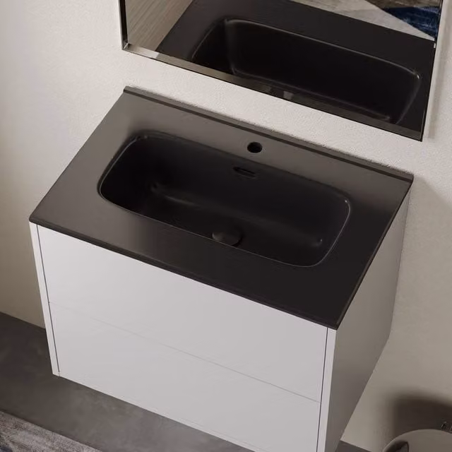 Banyetti Athena Ceramic Rectangular Wall Mounted Basin Sink in Matt Black, W: 60 cm, D: 46.5 cm, H: 17 cm