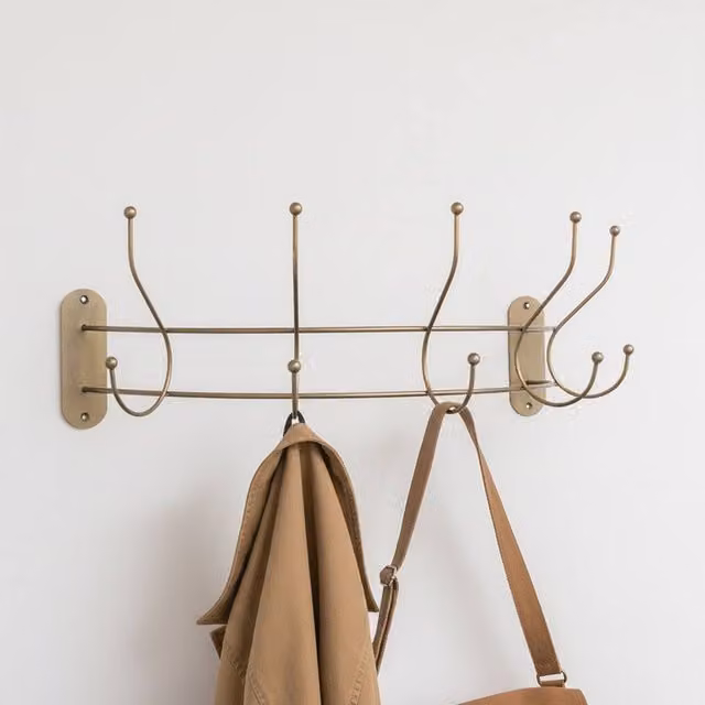 Melody Maison Antique Gold Curved Coat Hanger Rail with 5 Storage Hooks, Width: 60 cm