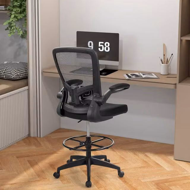 Costway 2-Piece Set of Height Adjustable Mesh Drafting Chairs with Lumbar Support and Foot Ring in Black – 1