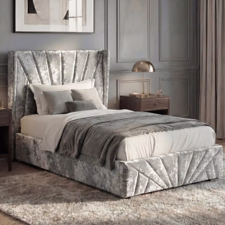 DHS Sunrise Single Crushed Velvet Ottoman Storage Bed Frame in Silver, W/D/H: 90 x 190 cm