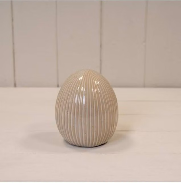 KDMD Cream and Beige Subtle Glazed Ceramic Egg Ornament with Textured Detail