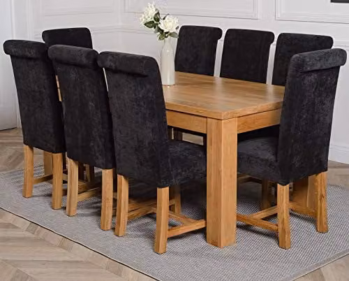 Oak Furniture King Dakota 8 Seater Solid Oak Dining Set with Washington Black Fabric Upholstered Chairs, Natural Finish, W: 182 cm, D: 92 cm – 1