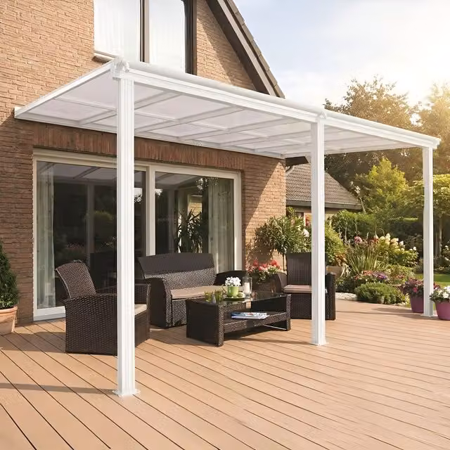 Primrose Living White Lean-to Garden Veranda Canopy Pergola with Polycarbonate Roof, W: 434 cm, D: 300 cm, H: 258 cm – 1