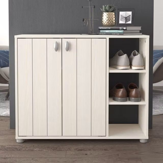 GFW Bideford Modern White Shoe Cabinet with Open Shelf and Hinged Doors