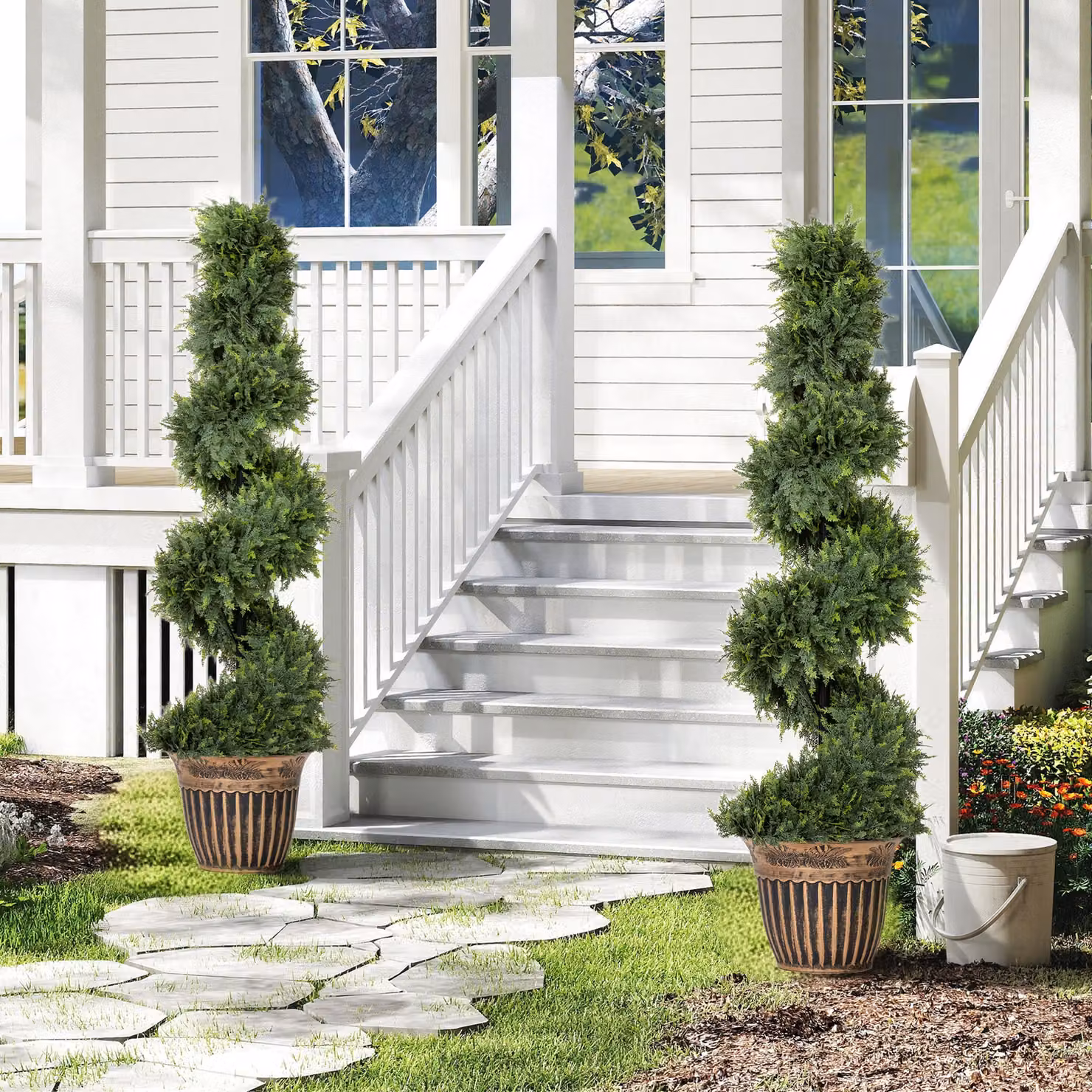 HOMCOM Set of 2 Green Artificial Topiary Spiral Cypress Trees with Pots, Height: 120 cm – 5