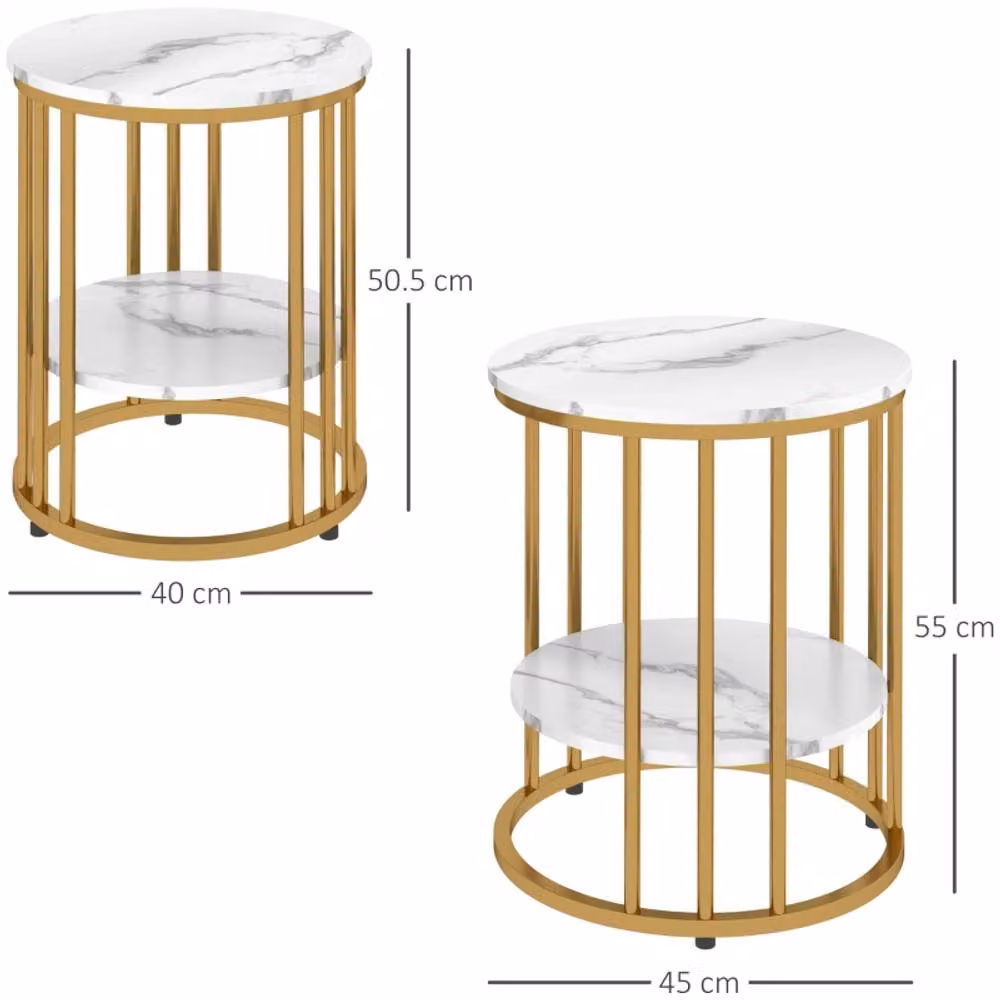 STILVORA 2 Piece Round Coffee Table Set with Marble Tops and Gold Steel Frame – 3