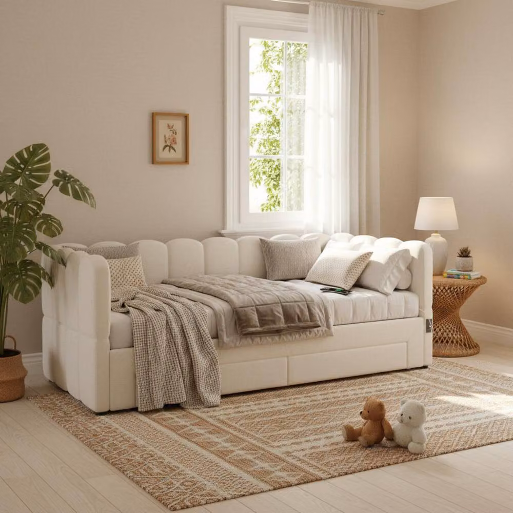 Matteo Beige Linen Upholstered Single Daybed with Storage Drawers and USB Charging Port, W/D/H: 190 x 90 x 73 cm – 2
