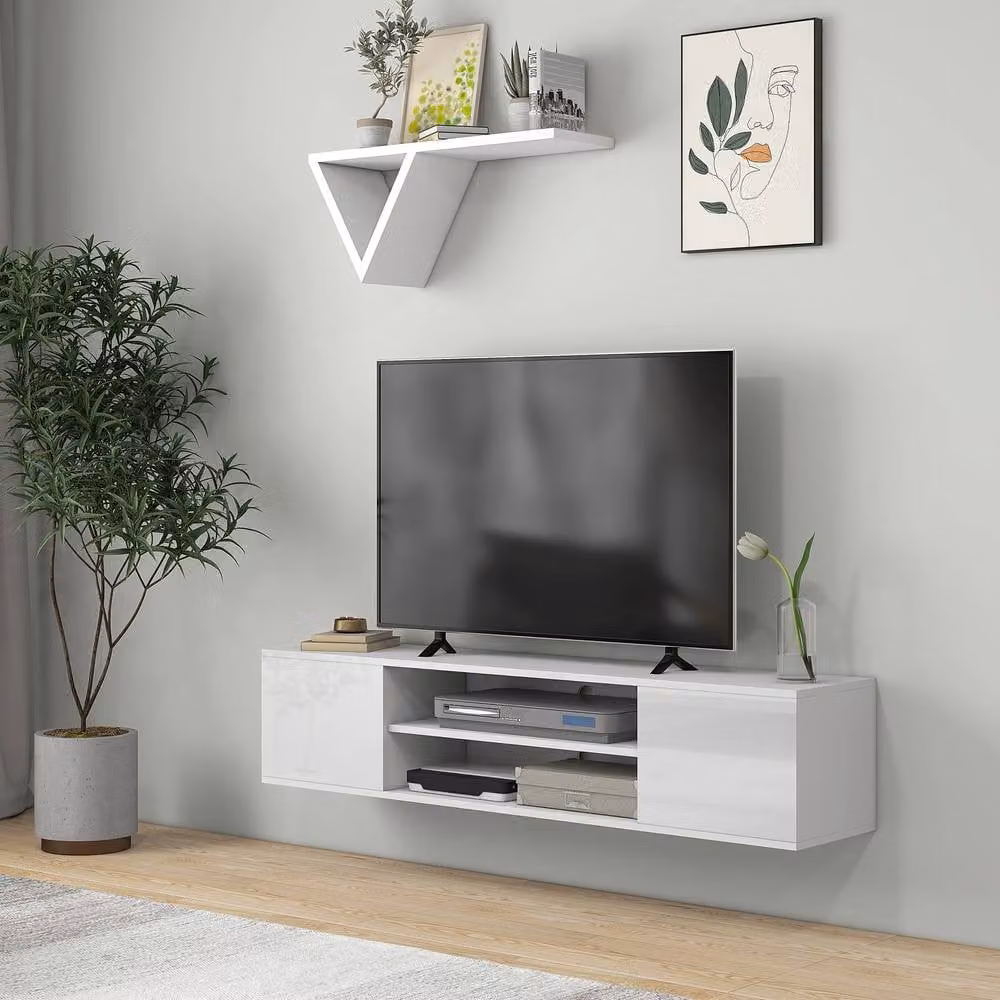 STILVORA Modern White Glossy Wall Mounted TV Stand with 2 Doors and Open Shelves – 3