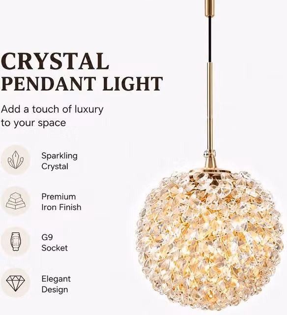 INMTFEI Gold and Black K9 Crystal Glass Sphere Pendant Light with G9 Fixture