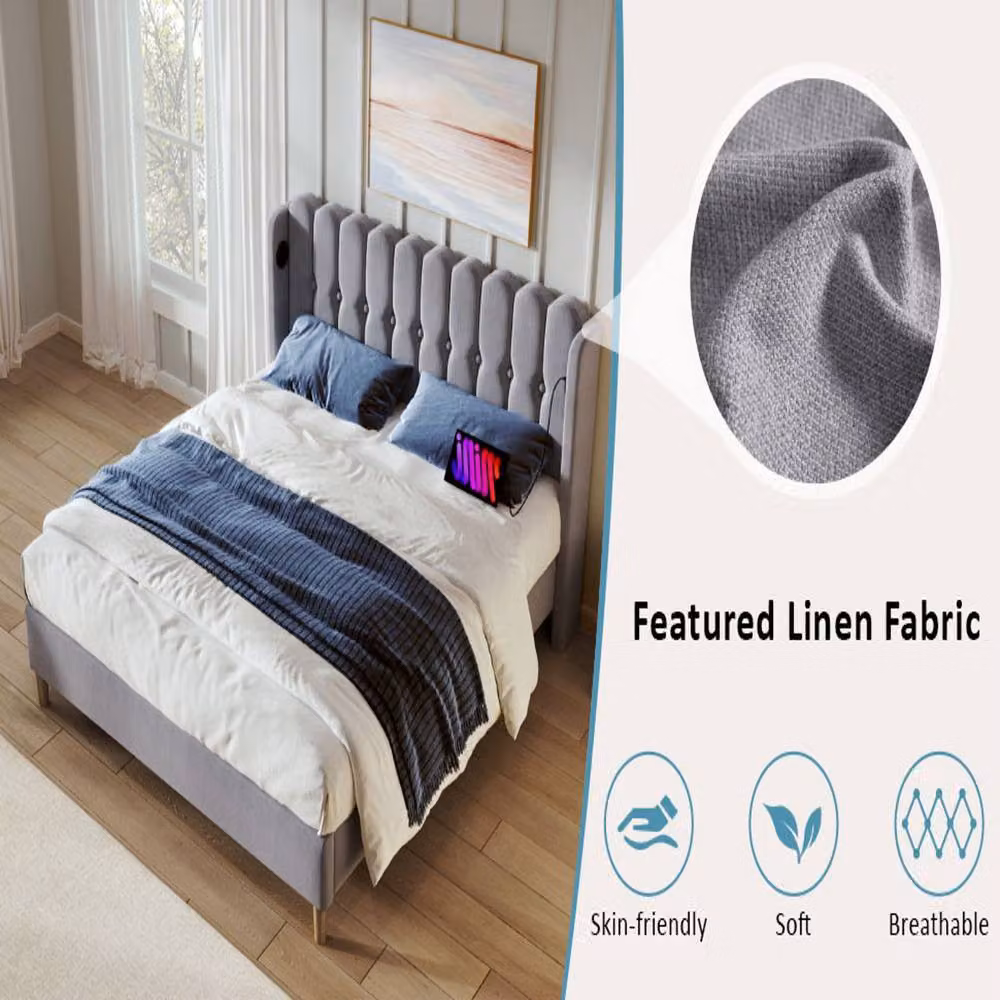 Rolipo Grey Linen Upholstered Double Bed Frame with USB Charging Ports, W/D/H: 140 x 200 cm – 3