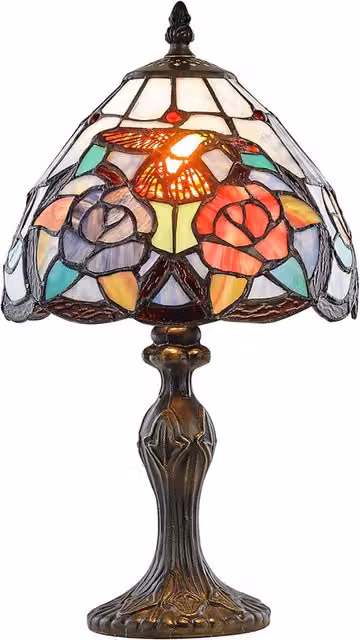 Happy Homewares Humming Bird Tiffany Table Lamp with Multicolour Stained Glass Shade and Bronze Base – 1