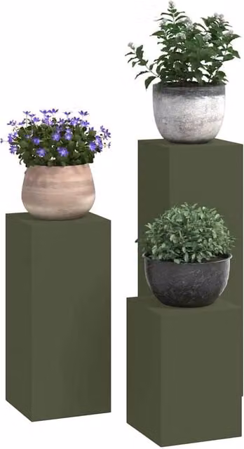 Berkfield Home Set of 3 Pillar Outdoor Plant Stands in Olive Green Steel – 1