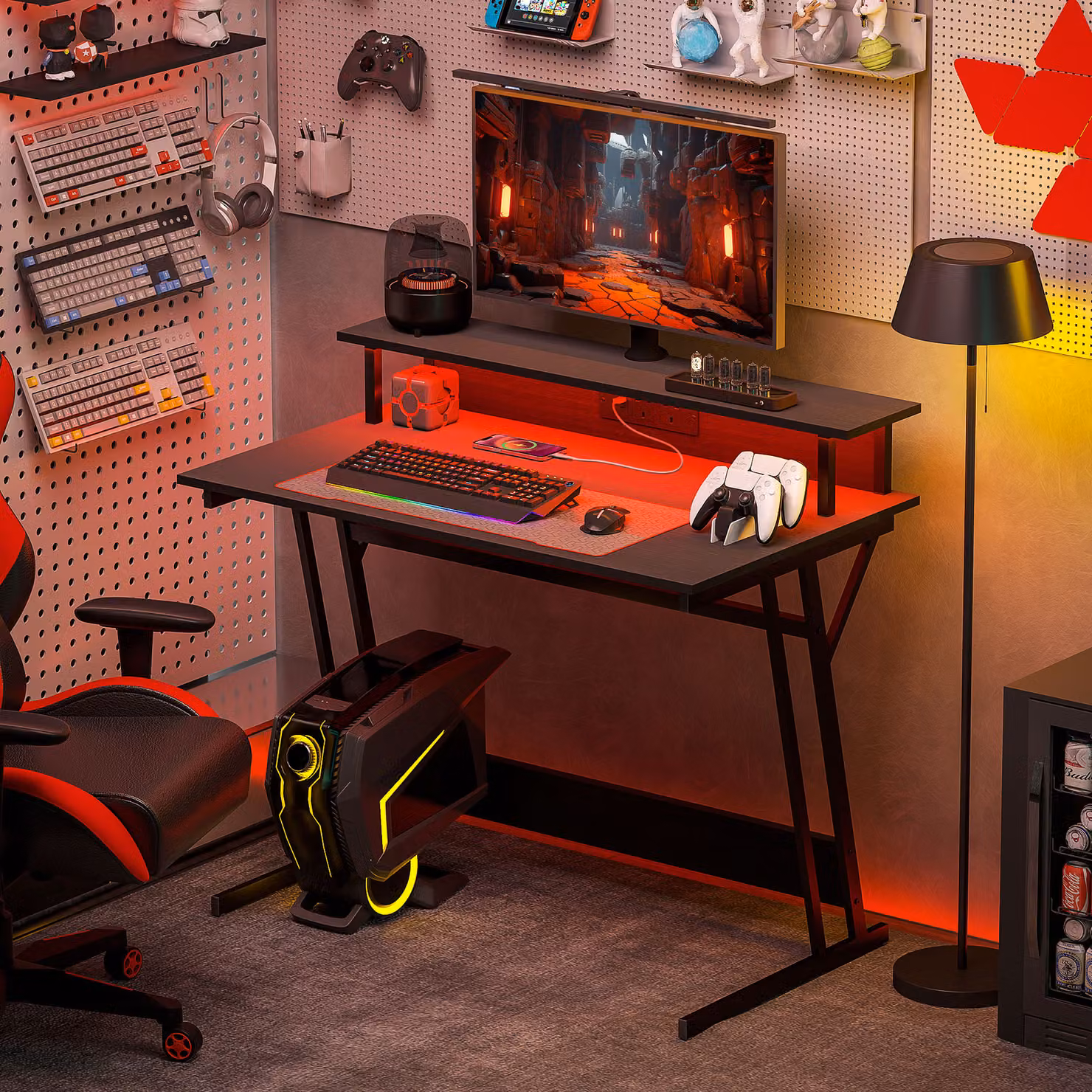 HOMCOM Black Z-Shaped Gaming Desk with LED Lights and Power Outlets, W: 100 cm, D: 60 cm – 4