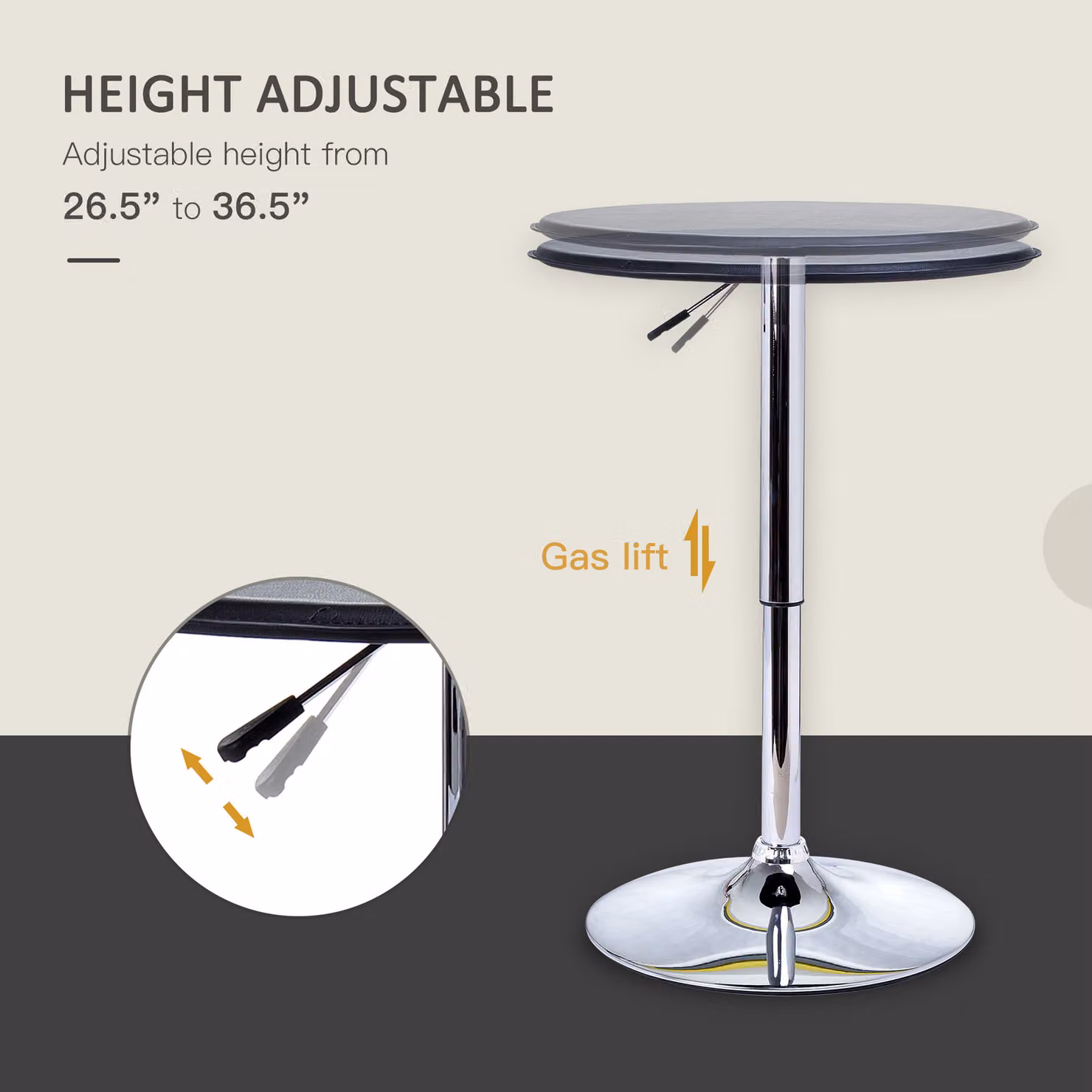 HOMCOM Adjustable Round Bistro Bar Table with Black PVC Leather Top and Steel Base – 3