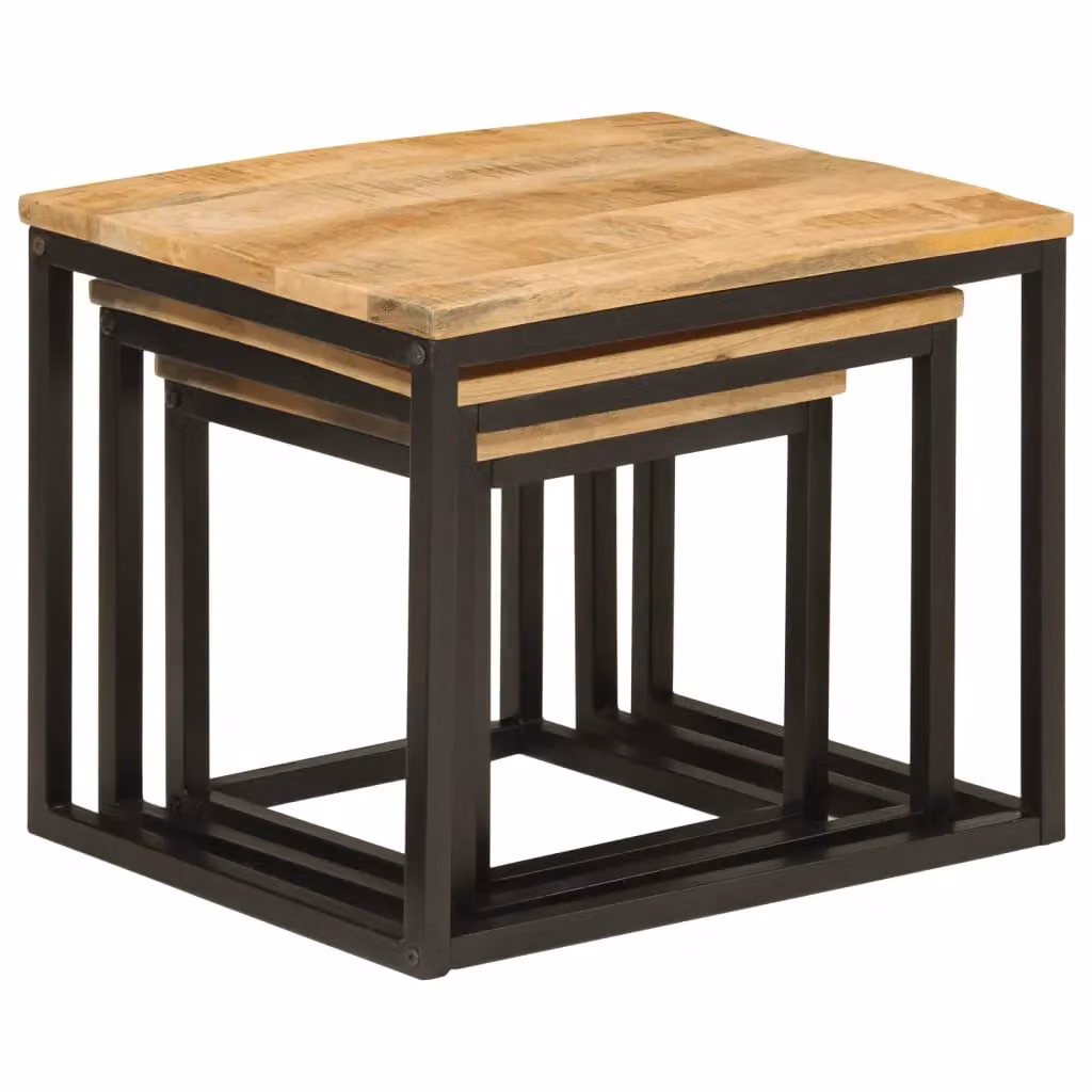 Berkfield Home Nesting Coffee Tables, 3 Piece Set in Brown Mango Wood and Iron – 3