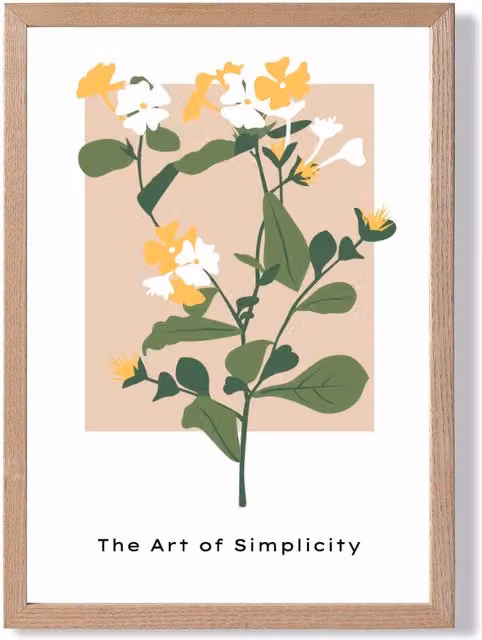 ARTZE Wildflower Minimalist Framed Print in Green and Beige with Oak Frame, A2