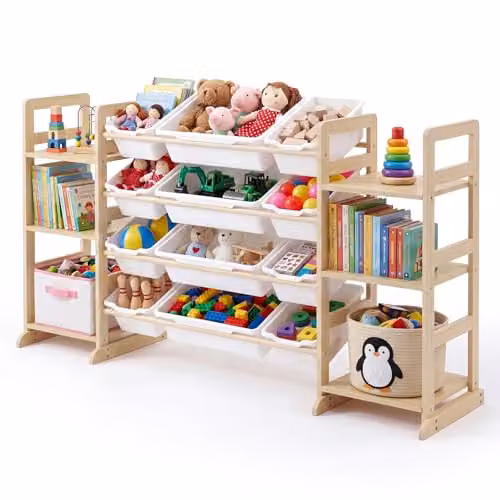 Levede White Wooden Toy Storage Unit with 12 Bins and Shelves, W/D/H: 147 x 34 x 80 cm