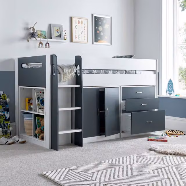 Bedmaster Lacy Mid Sleeper Bed with Storage Drawers and Stairs in Grey and White