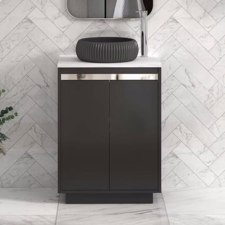 Royal Bathrooms Orion 600mm Matt Obsidian Black Floor Standing 2 Door Vanity Unit with Milan Black Basin and Chrome Accent Trim
