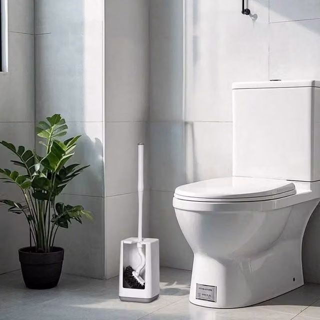 EONLION Freestanding Plastic Toilet Brush with Long Handle in White