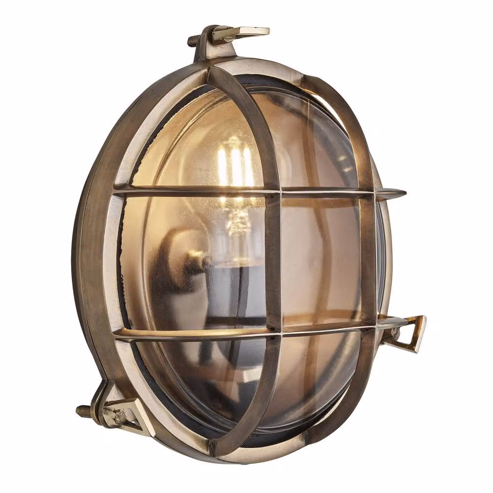 Industville Bulkhead Round Wall Light for Outdoor and Bathroom Use, Brass and Transparent Glass, Gold/Brass, Diameter: 20.32 cm – 2