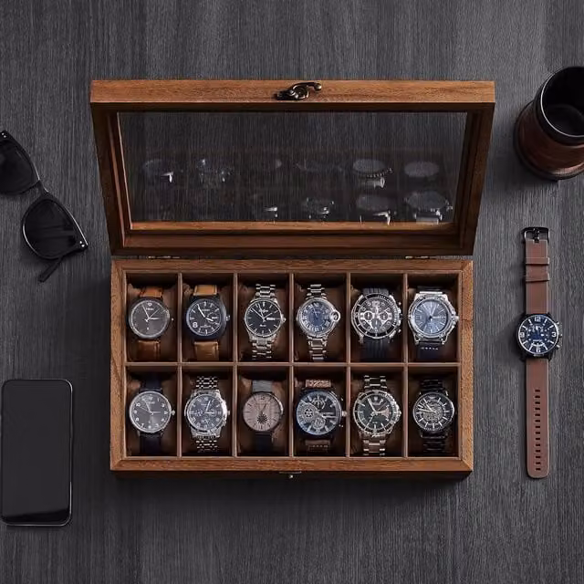 SONGMICS Solid Wood Watch Box with 12 Slots and Glass Lid, Bronze/Brown, W: 35.0 cm, D: 21.0 cm, H: 8.5 cm