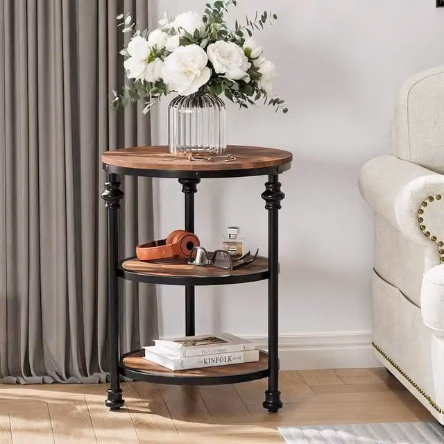 London Boutique 3-Tier Round Industrial Side Table in Brown and Black, W/D/H: 45 x 45 x 60 cm – 1