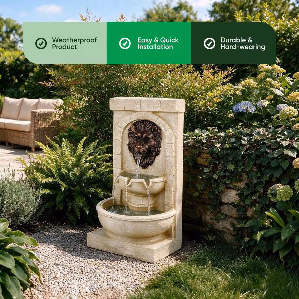 Gardenwize Solar Lion Head Wall Fountain with Battery Backup in Beige, W/D/H: 59 x 22 x 59 cm – 2