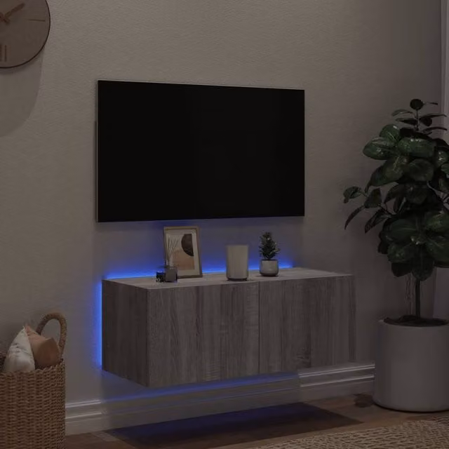 Berkfield Home TV Wall Cabinet with LED Lights in Grey Sonoma, W: 80 cm, D: 35 cm, H: 31 cm