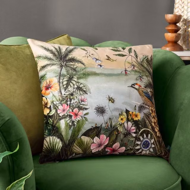 Wylder Tropics Leilani Floral Chenille Cushion, Multicolour and Green, W/D/H: 43 x 43 x 43 cm – 1