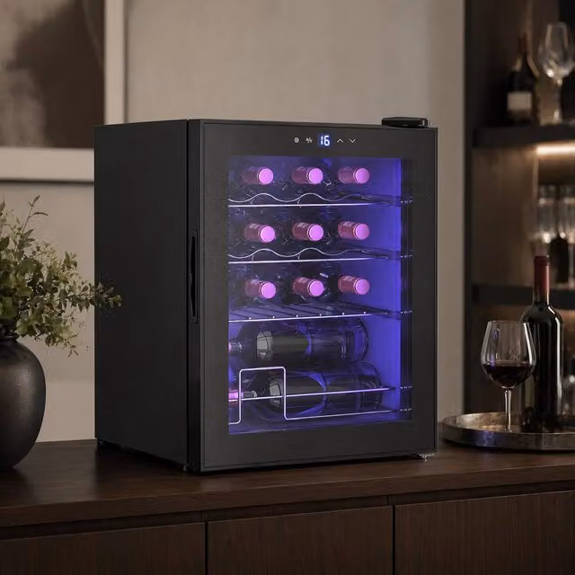 STILVORA 16-Bottle Countertop Wine Cooler Fridge with Touch Panel and LED Interior Light, Black, W/D/H: 56.5 x 43 x 42 cm – 1