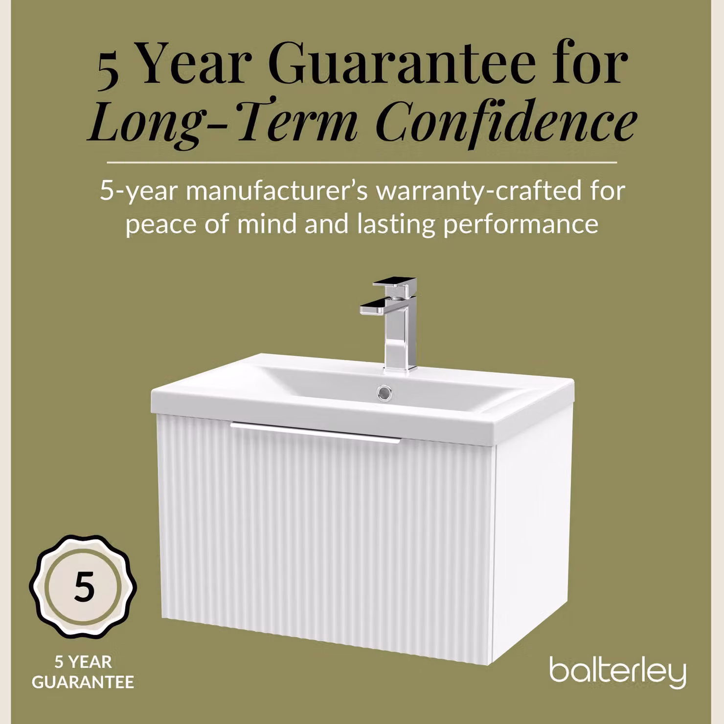 Balterley Fluted Wall Hung 1 Drawer Vanity Basin Unit and Basin, Satin White, Width: 600 mm – 2