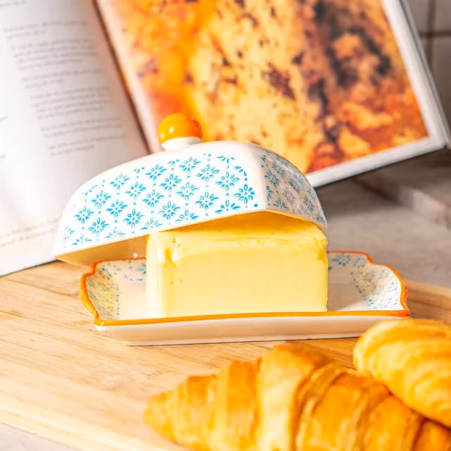 Nicola Spring Hand-Printed Ceramic Butter Dish, Blue, W: 18.5 cm, D: 12 cm, H: 12 cm