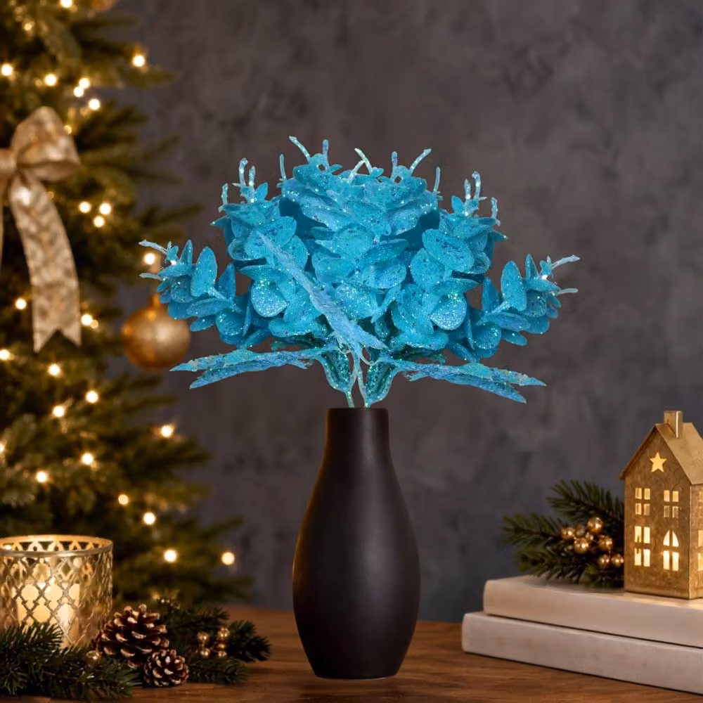 Shatchi 6 Pack Glitter Eucalyptus and Maple Leaf Picks in Light and Dark Blue, 17 cm – 2