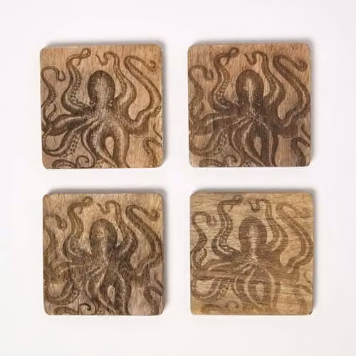 HOMESCAPES Brown Wooden Coaster Set with Octopus Design, Set of 4, W/D/H: 10 x 10 x 2 cm – 1