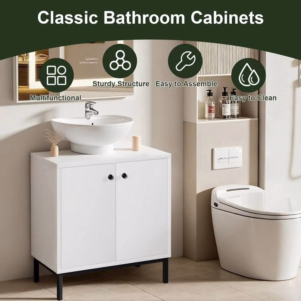 NESTLUNE White Modern Freestanding Under Sink Bathroom Storage Cabinet with Internal Shelves and Hinged Doors – 3