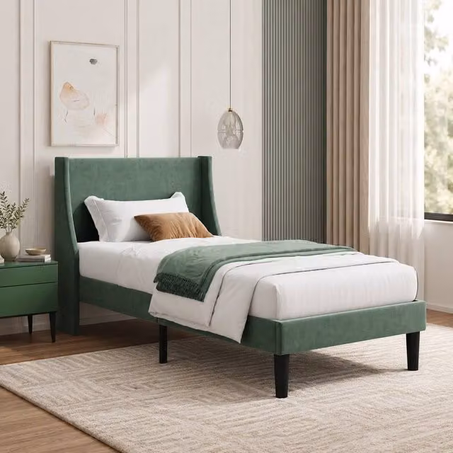 STILVORA Single Upholstered Velvet Bed Frame with Winged Headboard in Green, W/D/H: 90 x 190 cm – 1