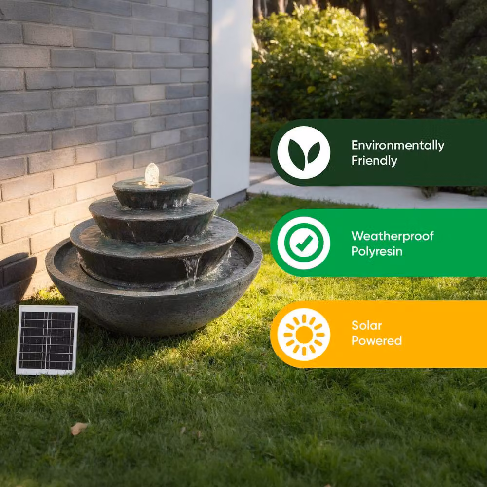 Gardenwize Solar Tiered Stacked Bowl Cascade Water Feature in Dark Grey with Warm White LED Lights and Battery Backup, H 54.0 cm x W 32.5 cm x D 54.0 cm – 4