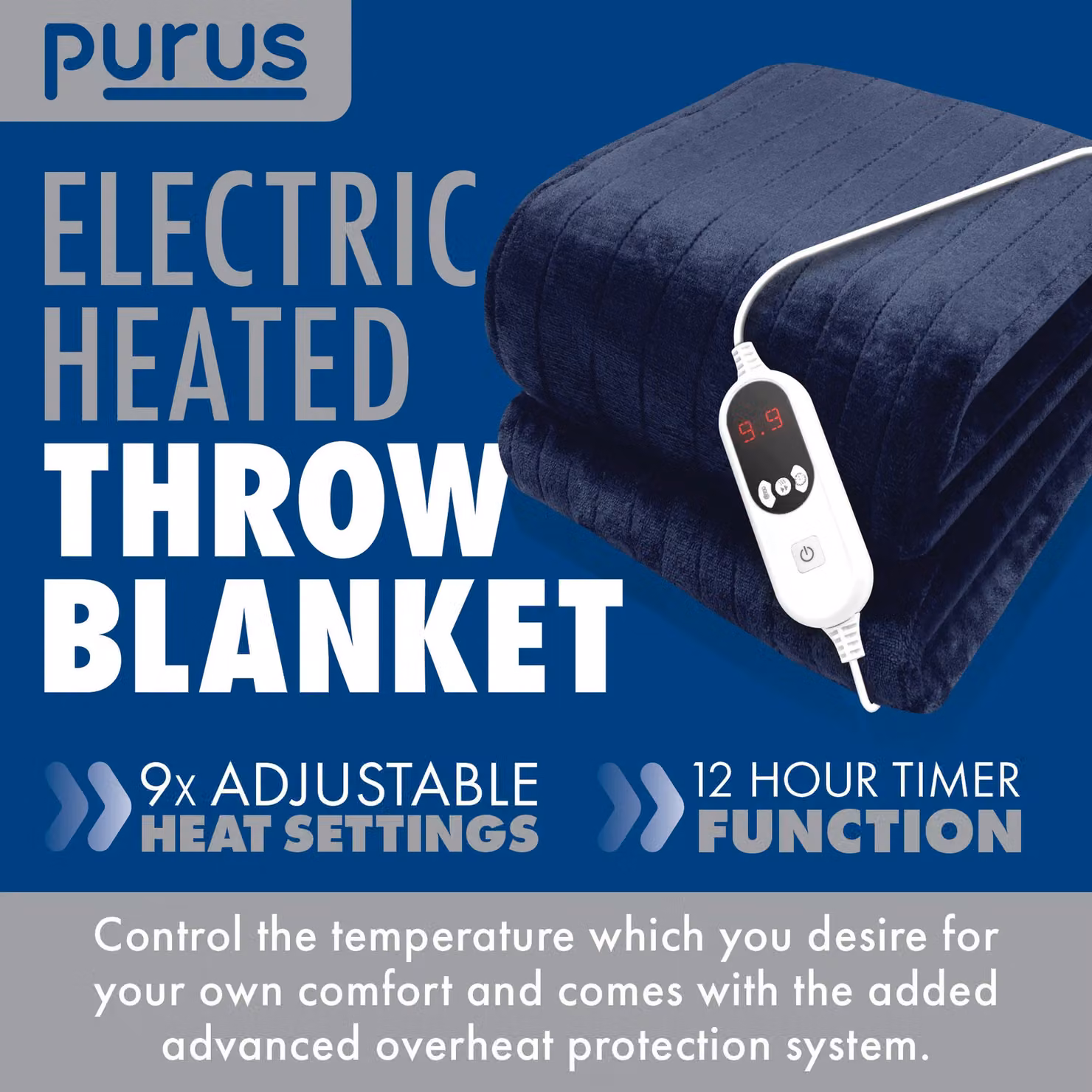 Purus Deluxe XL Navy Blue Electric Heated Double Over Blanket with Soft Fleece and Variable Heat and Timer Settings – 2