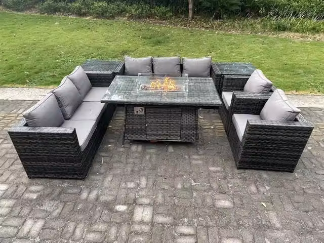 Fimous 8 Seater Rattan Gas Fire Pit Dining Set with Lounge Chairs and Side Tables in Dark Grey