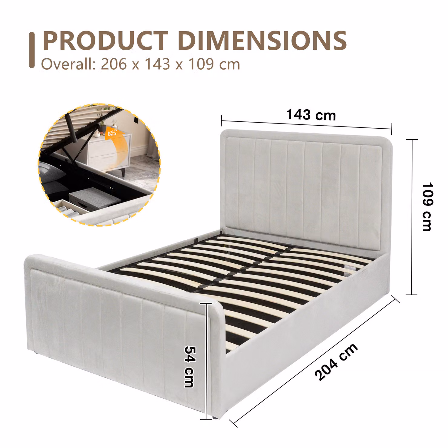 Comfy Living Modern White Velvet Upholstered Ottoman Bed Frame with Lift Up Base, W/D/H: 140 x 200 cm – 3