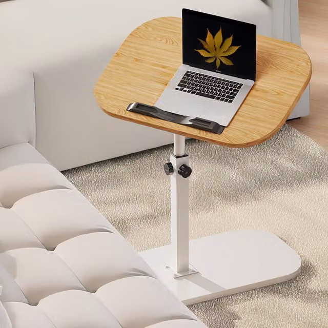 Livingandhome Height Adjustable C-Shape Bedside Table in White and Wood Colour