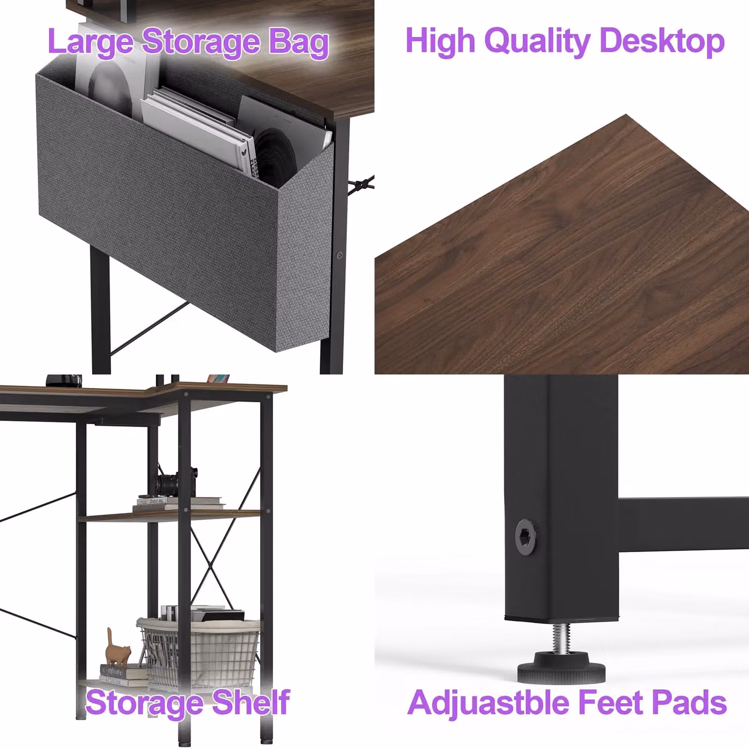 BEXEVUE L-Shaped Computer Gaming Desk with Power Outlets and Shelves in Brown, W/D/H: 120 x 70 x 75 cm – 3