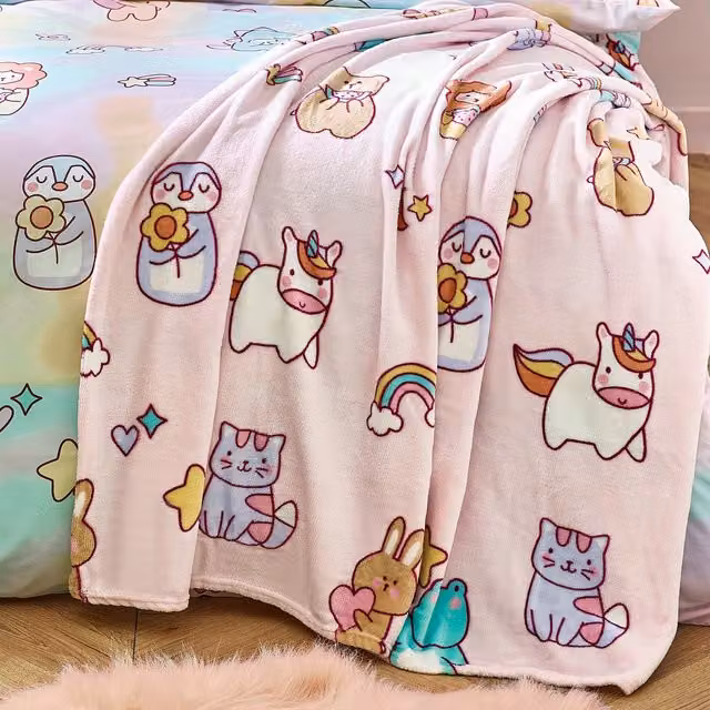 Catherine Lansfield Forever Together Kids Cosy Fleece Throw, Multicolour Pink, W: 130 cm, D: 170 cm