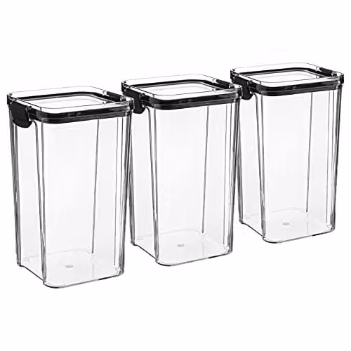 Argon Tableware Pack of 3 Airtight Food Storage Containers, 1.3 l, Black and Transparent, Leakproof and Stackable Plastic Containers with Clip Lids – 1