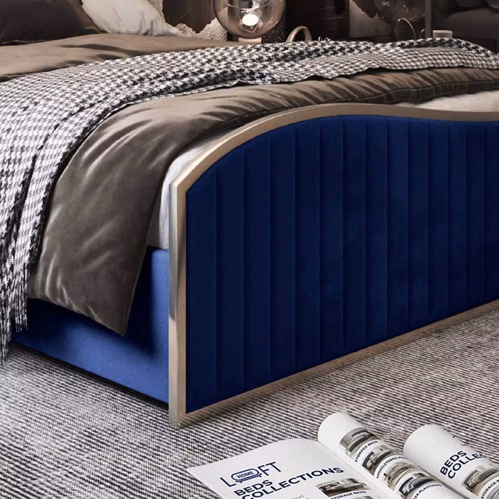 KDMD Hurstpierpoint Blue Velvet Upholstered Metal Designer Bed Frame, W/D/H: 180 x 137 x 159 cm – 4